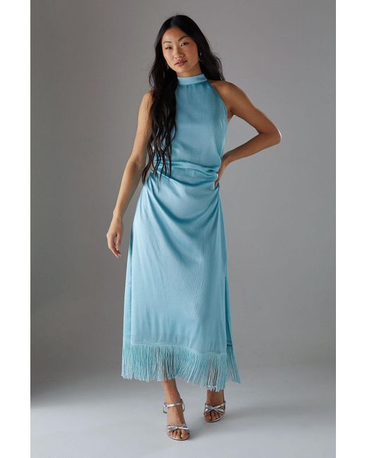 Warehouse Blue Petite Crinkle Satin Halter Fringe Midi Dress