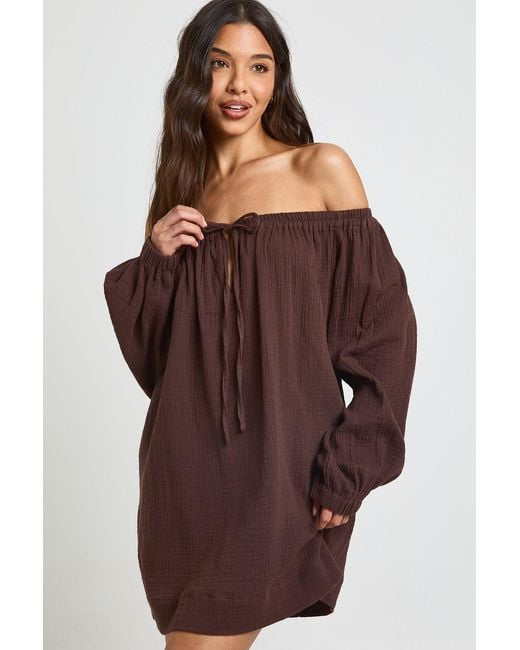 Boohoo Brown Bardot Volume Sleeve Beach Dress