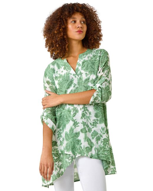 Roman Green Floral Print Wrap Hem Tunic Top