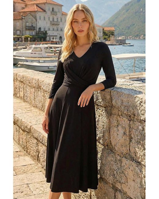 Roman Black Stretch Crossover Midi Dress