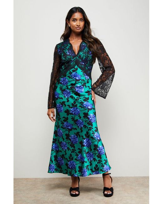 womens clothing oasis floral print midi dress Oasis Printed Lace Bodice V Neck Satin Midi Dress in Blue Lyst UK
