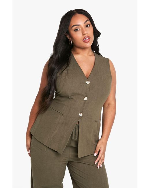 Boohoo Brown Plus Halter Textured Linen Look Waistcoat