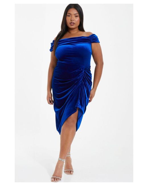 Quiz Blue Curve Royal Velvet Ruched Midi Dress