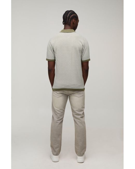BoohooMAN Gray Tall Regular Fit Revere Houndstooth Knitted Polo for men