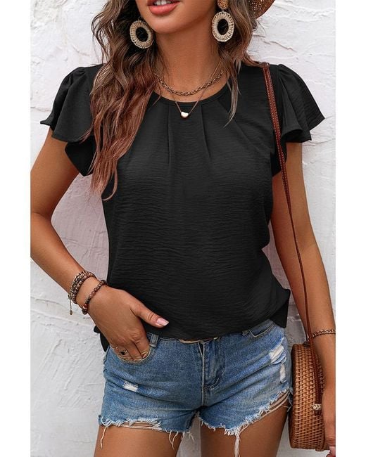 Azura Exchange Black Schwarze Einfarbige Strukturierte Plissierte Bluse Mit Flauschärmel