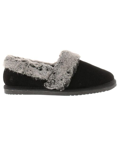 Hush Puppies Black Slippers Full Fluffy Ariel Suede Leather