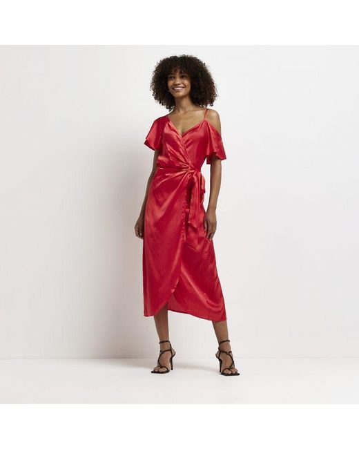 River Island Red Wrap Midi Dress Satin