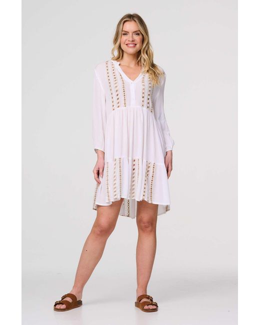 Izabel London White Embroidered V-Neck Tiered Smock Dress