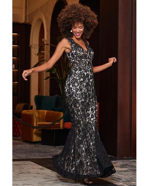 Sosandar Brown Premium Lace Ruffle Hem Maxi Dress