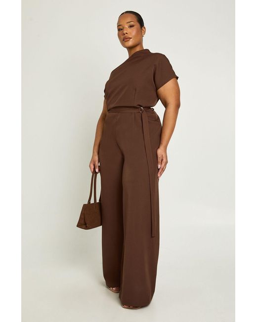 Boohoo Brown Plus Asymmetric Belted Jumpsuit