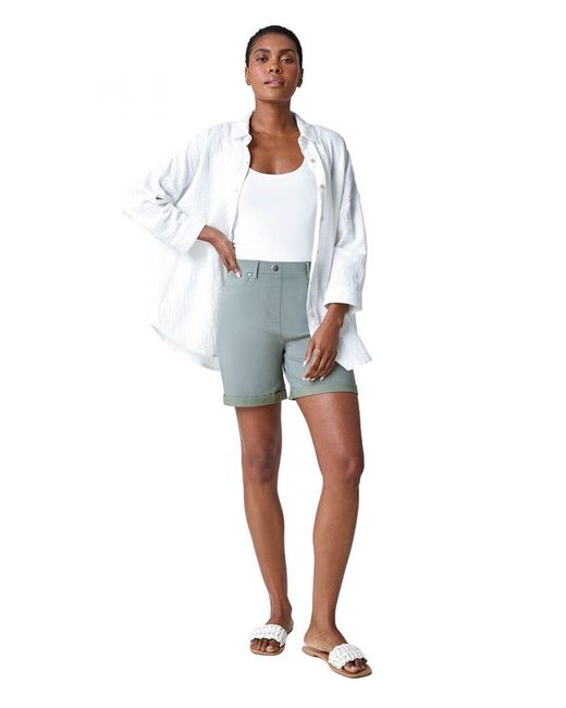 Roman Blue Stretch Elastic Waist Turn Up Shorts