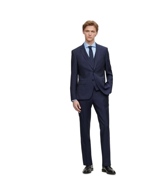 Boss Blue Solid Patterned Notch Collared Full Suit for men