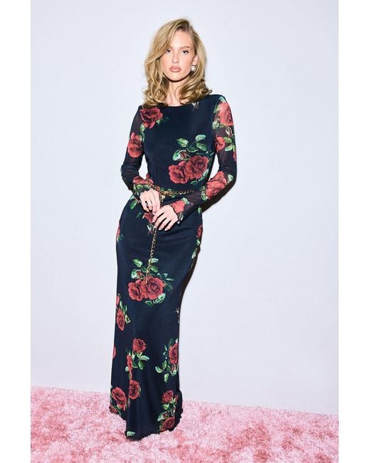 Boohoo Blue Rose Print Mesh Maxi Skirt