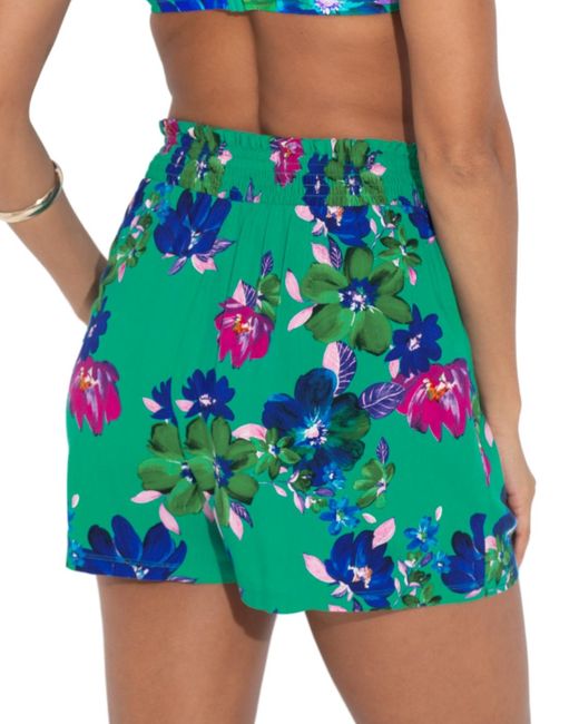 Pour Moi Green 91118 Shirred Waist Woven Beach Shorts