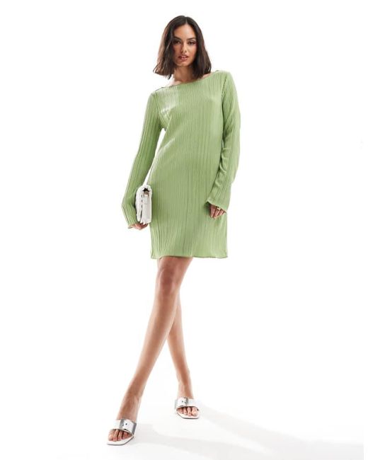 Vero Moda Green Plisse Mini Dress With Fluted Sleeve