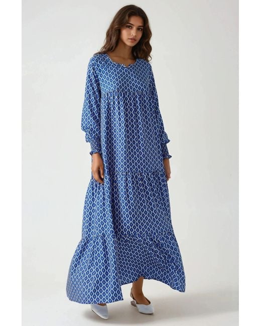 Hiccup Blue Printed Crew Neck Viscose Maxi Dress