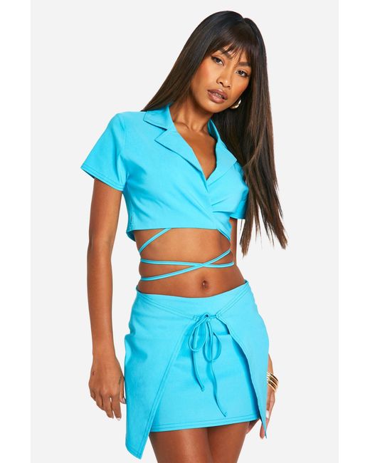 Boohoo Blue Super Stretch Wrap Front Skort