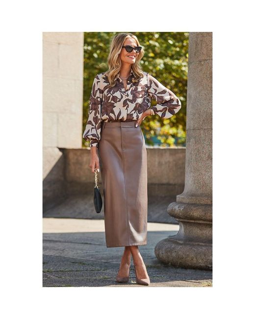 Sosandar Brown Taupe Faux Leather Maxi Pencil Skirt
