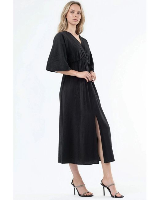 Busem Black V-Neck Midi Wrap Dress With Three Quarter Sleeves