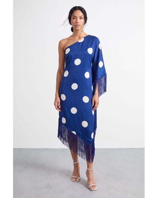 Warehouse Blue Petite Premium Fringe Trim One Shoulder Midi Dress