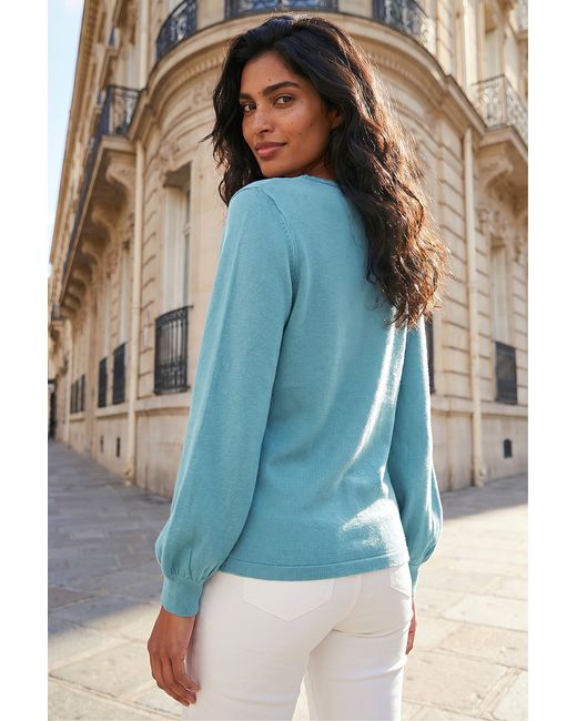 Roman Blue Square Neck Pearl Trim Knit Jumper