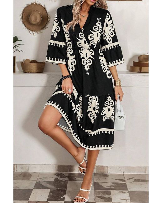 Azura Exchange Black Western Geometric Print 3/4 Sleeve Loose Midi Dress