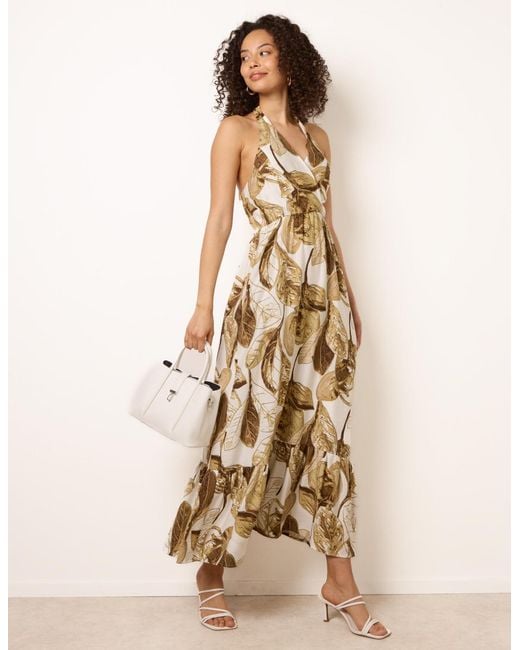 Blue Vanilla Natural Leaf Print Halter Neck Dress