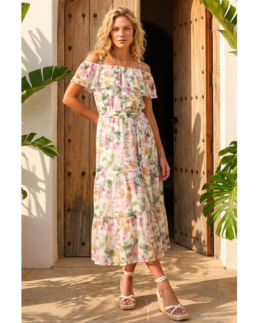 Roman White Floral Print Bardot Midi Dress