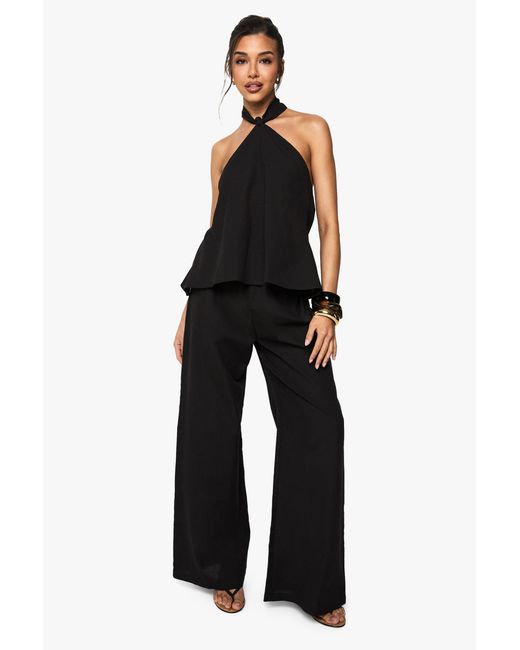 Boohoo Black Linen Look Halterneck Swing Top And Wide Leg Pants Co-Ord