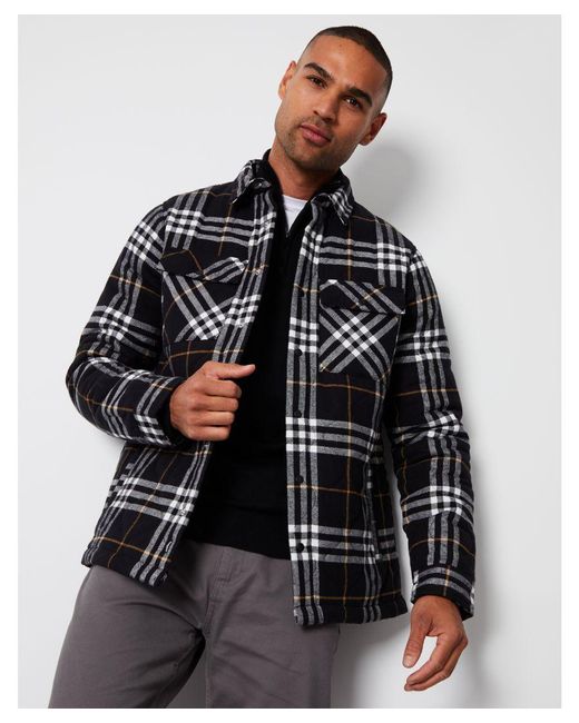 Threadbare Black 'Dudley' Brushed Cotton Check Overshirt With Quilted Lining for men