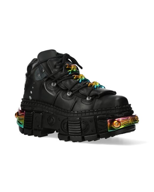 New Rock Black Platform Leather Ankle Boots-Wall106-S23