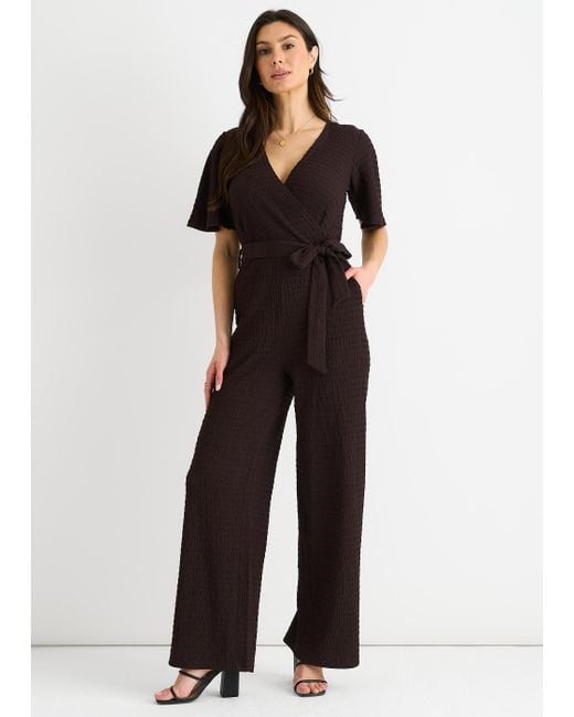 Gini London Black Schokoladenfarbener Strukturierter Jersey-Wickel-Overall Mit Weitem Bein