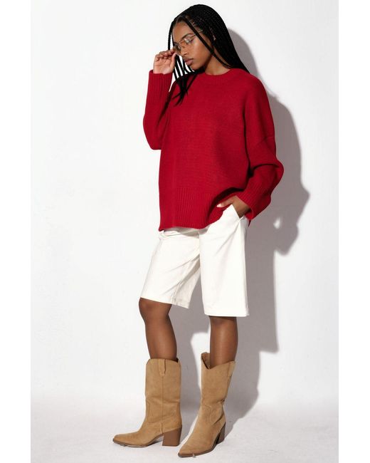 Hiccup Red Oversized Crew Neck Knit Sweater