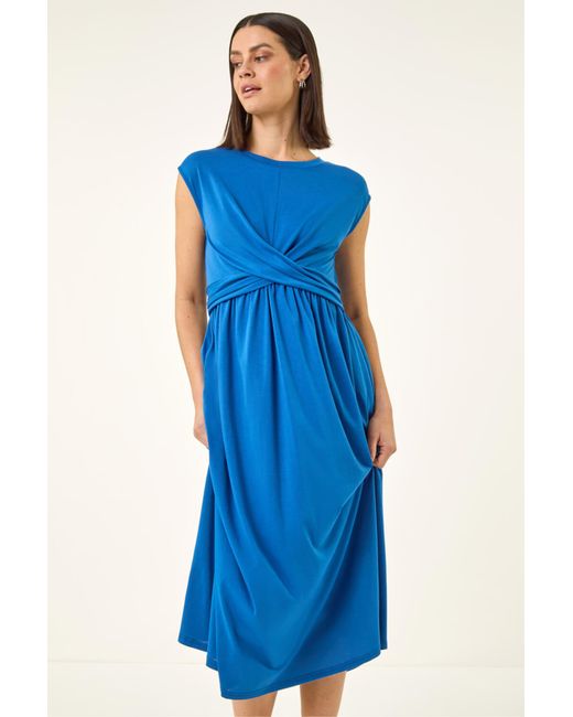 Roman Blue Crossover Front Stretch Midi Dress