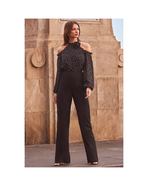 Sosandar Brown Spot Print Corsage Detail Cold Shoulder Two Part Jumpsuit