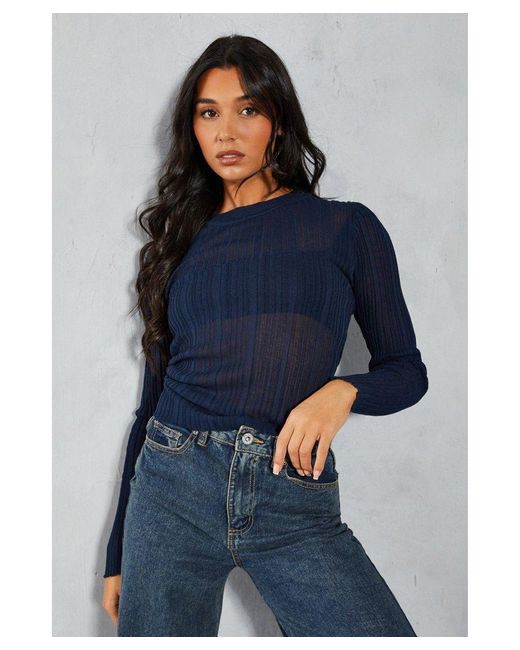 MissPap Blue Sheer Knitted Ribbed Long Sleeve Top