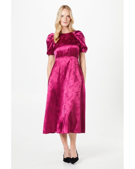 Oasis Pink Pleat Sleeve Jacquard Satin Midi Dress