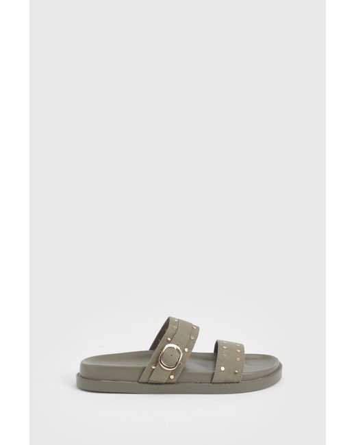 Boohoo Green Faux Suede Stud Double Strap Sliders