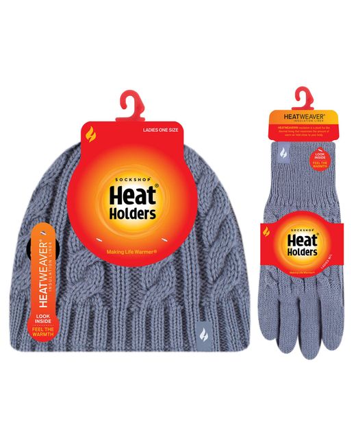 Heat Holders Blue Ladies Fleece Lined Thermal Hat & Gloves Set For Winter
