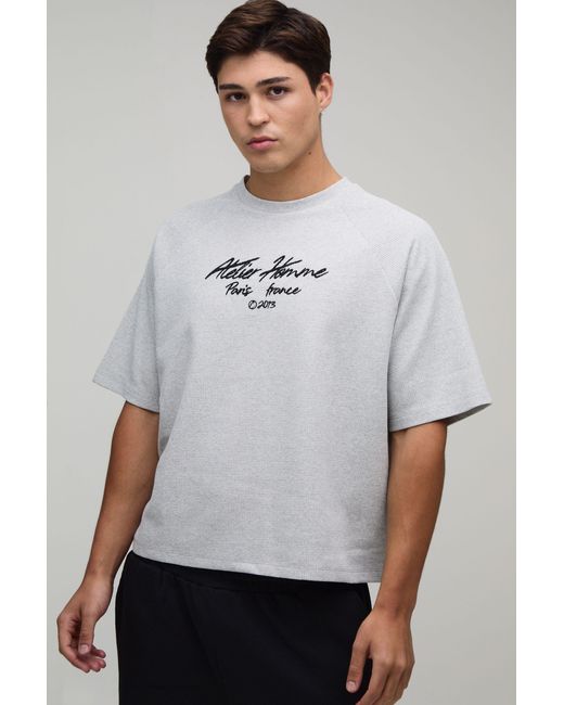 BoohooMAN White Oversized Embroidered Waffle Raglan T-Shirt for men