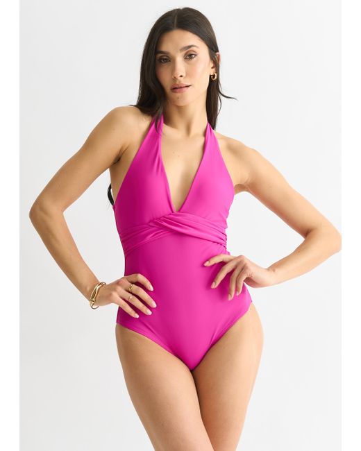 Gini London Pink Dark Twist Overlay Halter Tie Swimsuit