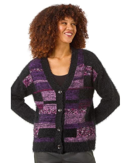 Roman Purple Colour Block Fluffy Knit Cardigan