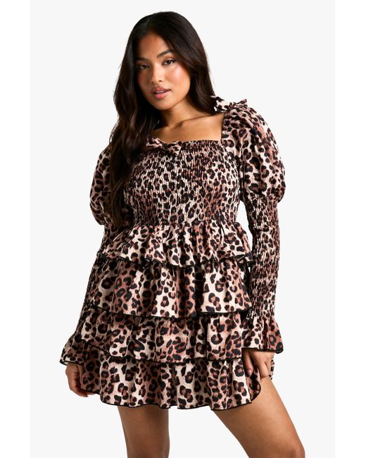 Boohoo Multicolor Petite Shirred Leopard Shirred Tiered Ruffle Skater Dress