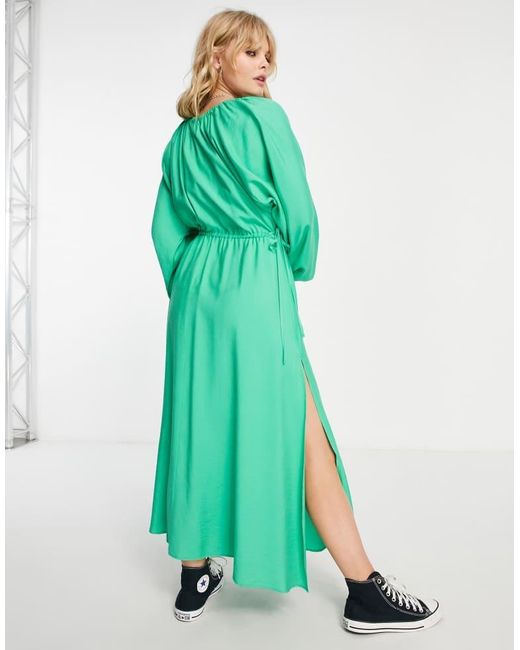 TOPSHOP Green Textured Ruched Channel Midaxi Dress