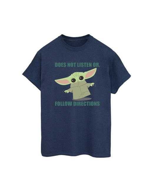 Star Wars Blue Ladies The Mandalorian Grogu Does Not Listen Cotton Boyfriend T-Shirt