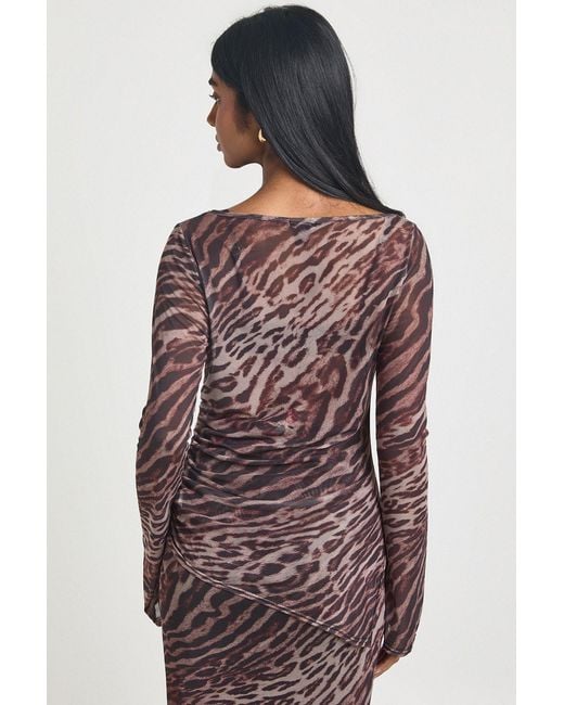 Boohoo Multicolor Print Sheer Mesh Ruched Side Top Elastane