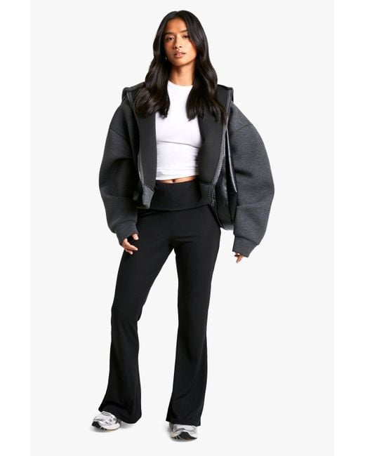 Boohoo Black Petite Fold Over Waistband Soft Rib Flare Trouser