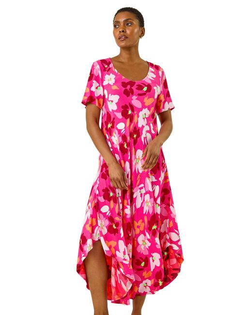 Roman Red Floral Print Asymmetric Hem T-Shirt Dress