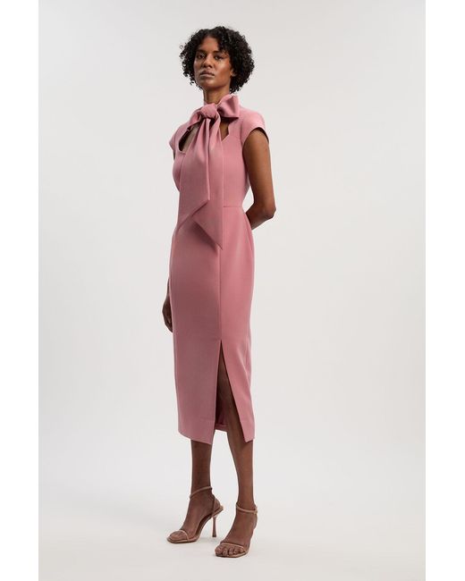 Karen Millen Compact Stretch Bow Tie Neck Tailored Pencil Midi Dress