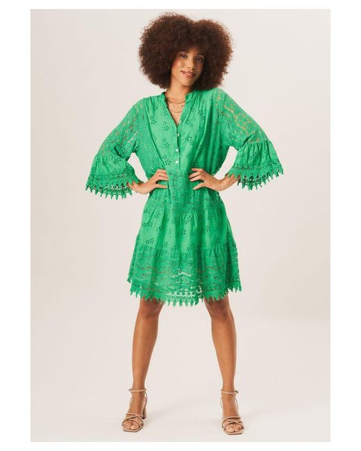 Gini London Green Eyelet And Lace Detailed Mini Dress